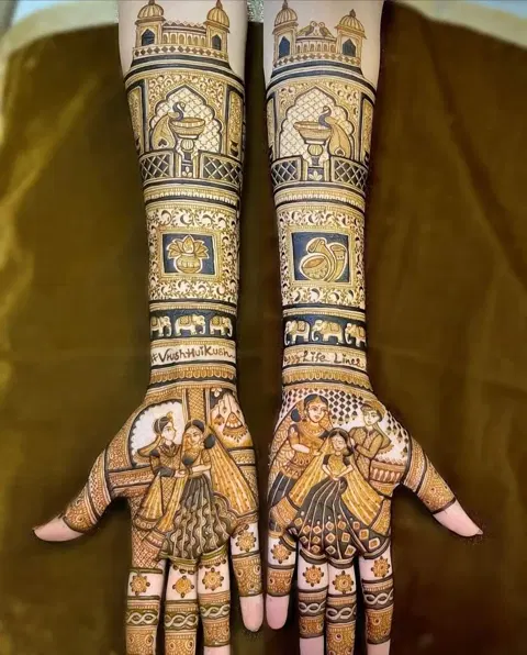 bridal stylish deity back hand mehndi design