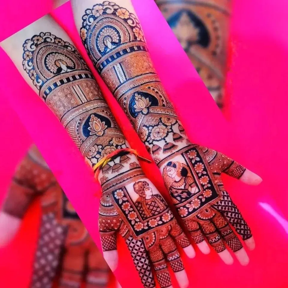 Bridal Full Hand Mehndi Design with Deity, Figures and Flowers