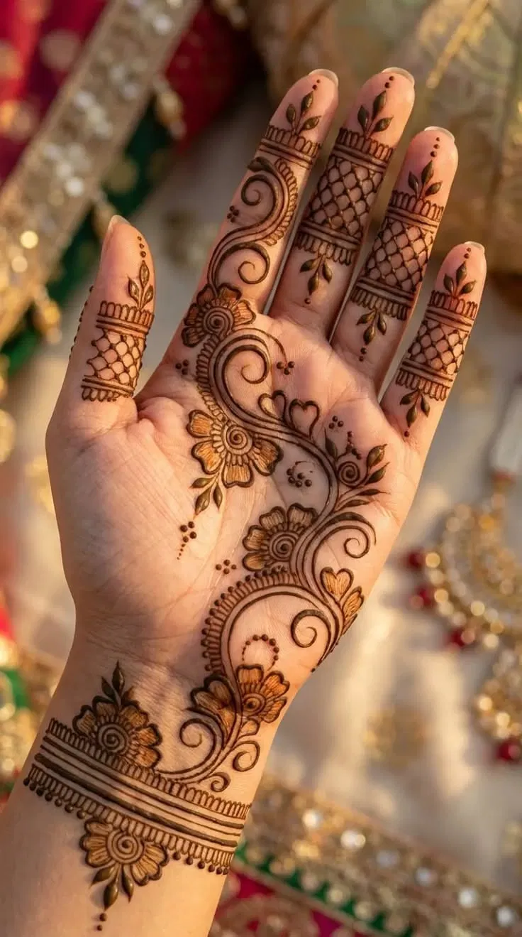 Aesthetic Arabic Finger Mehndi Design with Bel, Gol Tikki and Flowers for Diwali