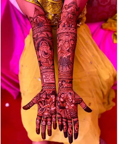 bridal stylish deity full hand mehndi design