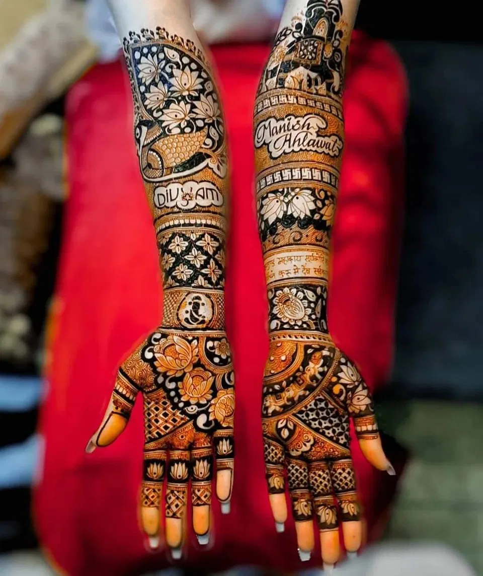 Indian Full Hand Mehndi Design with Figures and Flowers