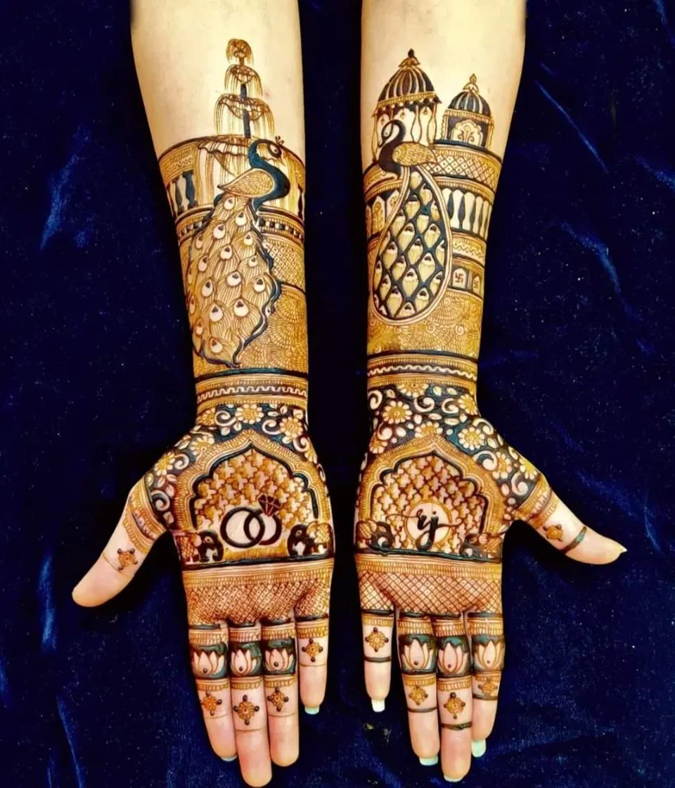 Stylish Front Hand Mehndi Design with Peacock for Engagement