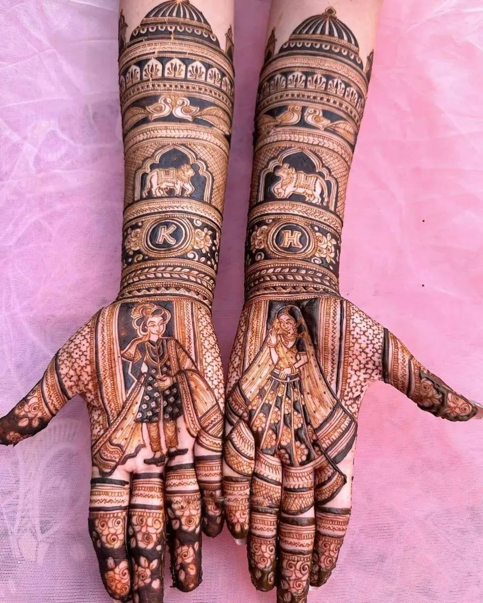 Bridal Stylish Back Hand Mehndi Design with Deity, Figures and Peacock (2)