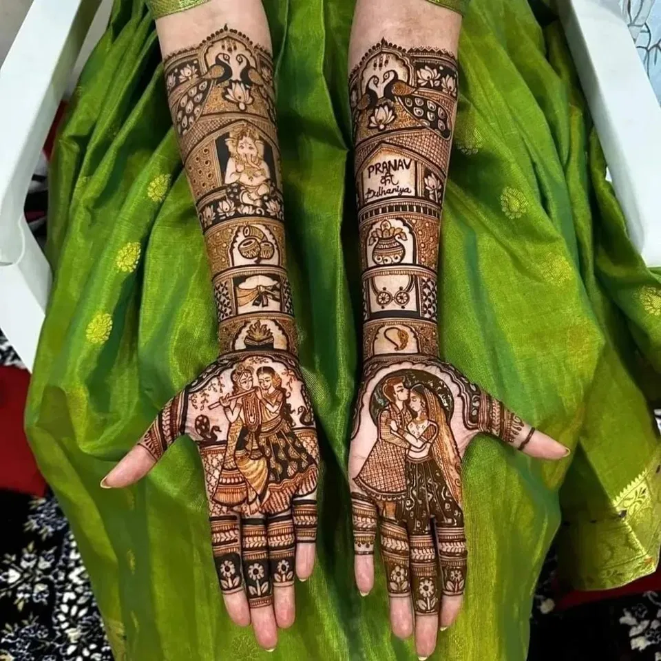 Bridal Stylish Full Hand Mehndi Design with Deity, Figures and Jaal