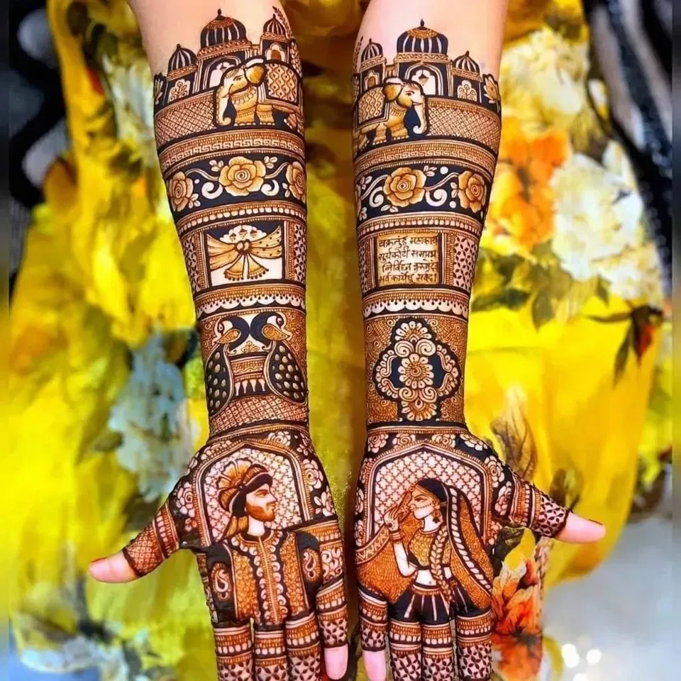 Bridal Stylish Full Hand Mehndi Design with Figures and Jaal (5)