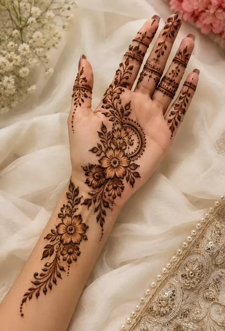 Aesthetic Arabic Front Hand Mehndi Design with Bel, Gol Tikki and Flowers for Eid