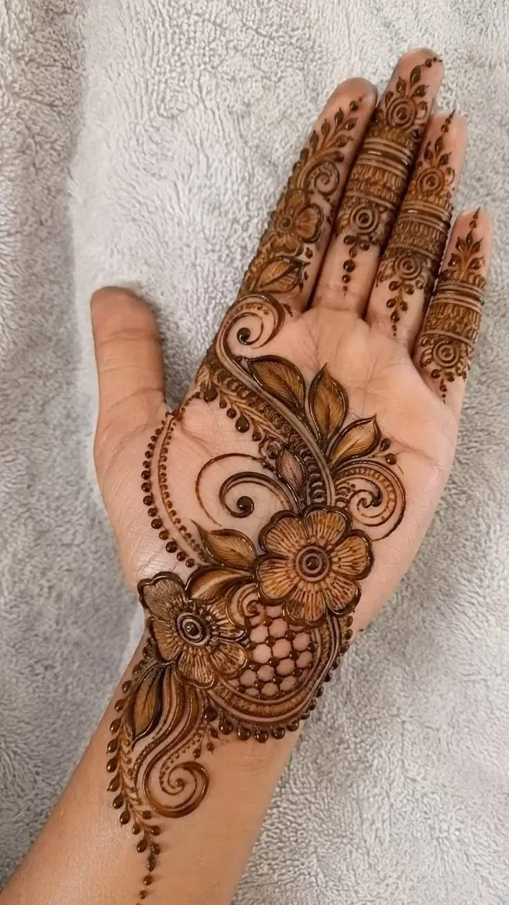 Aesthetic Arabic Front Hand Mehndi Design with Bel and Flowers
