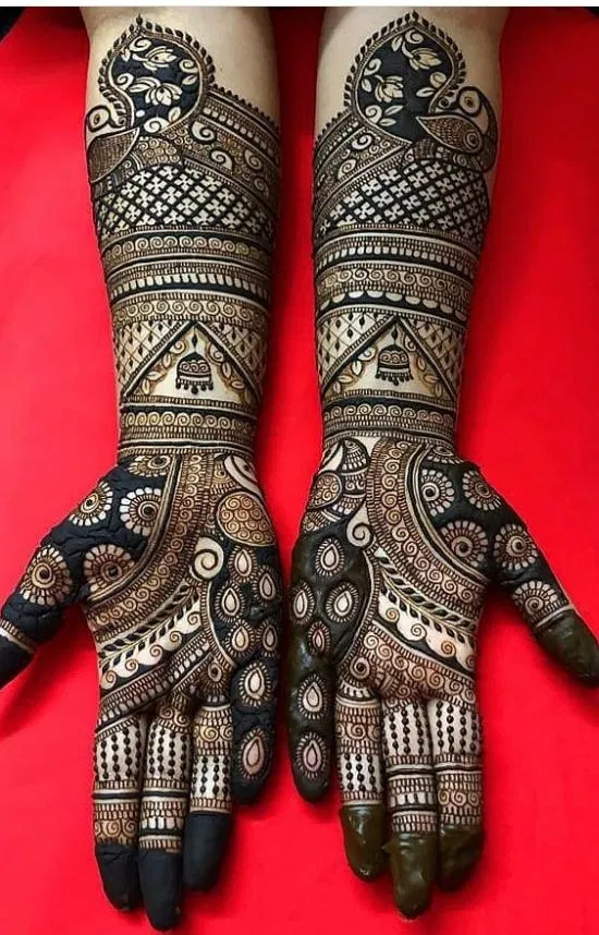 Bridal Indian Back Hand Mehndi Design with Figures, Jaal and Peacock (2)