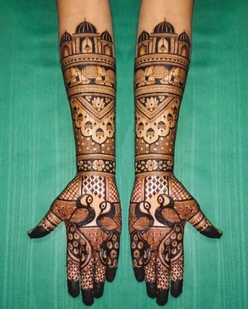Indian Front Hand Mehndi Design with Figures and Peacock