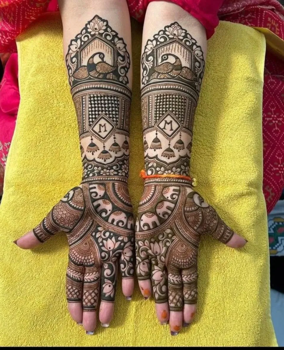 Indian Full Hand Mehndi Design with Figures and Peacock