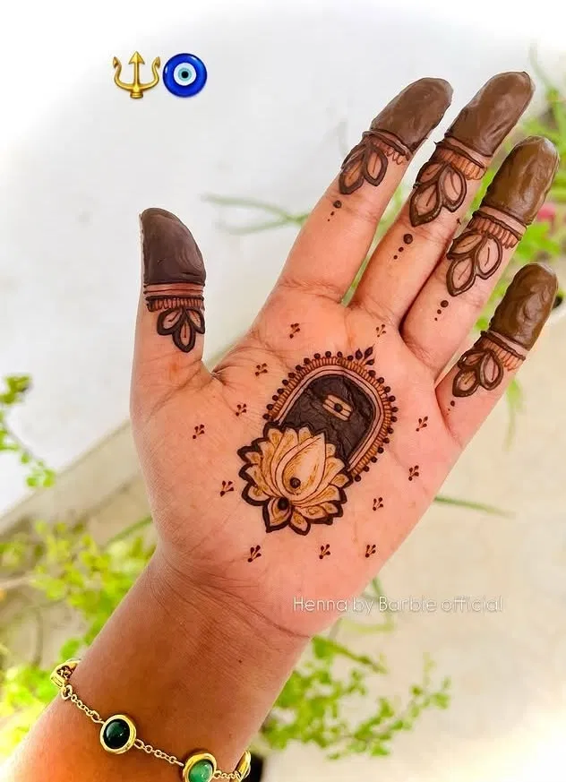 Arabic Simple Finger Mehndi Design with Deity and Lotus for Sawan