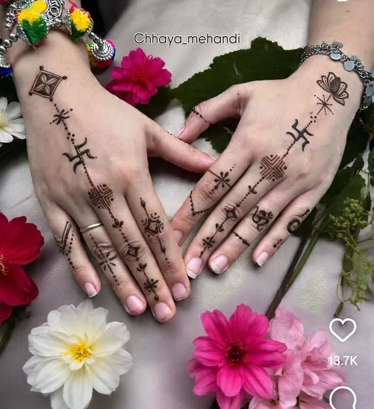Simple Back Hand Mehndi Design with Deity, Flowers and Hearts for Sawan