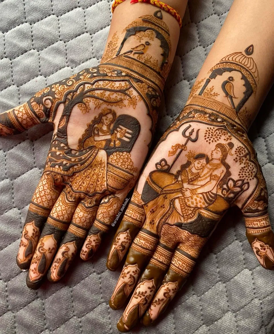 Bridal Full Hand Mehndi Design with Figures for Sawan