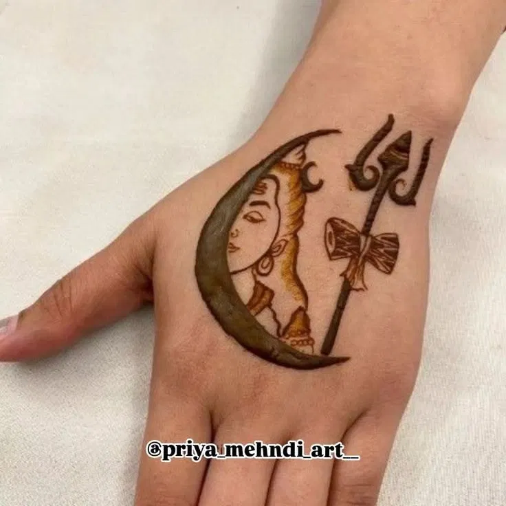 Simple Back Hand Mehndi Design with Deity and Figures for Shivratri