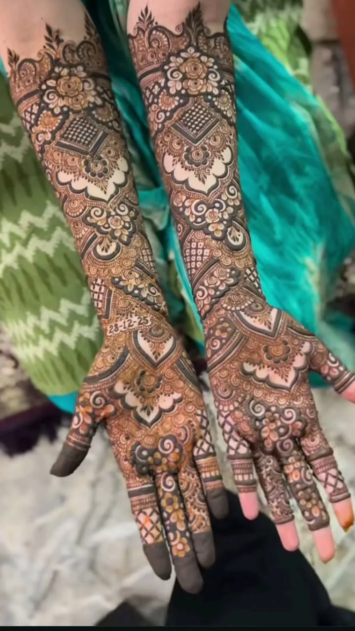 Aesthetic Bridal Back Hand Mehndi Design with Figures and Hearts