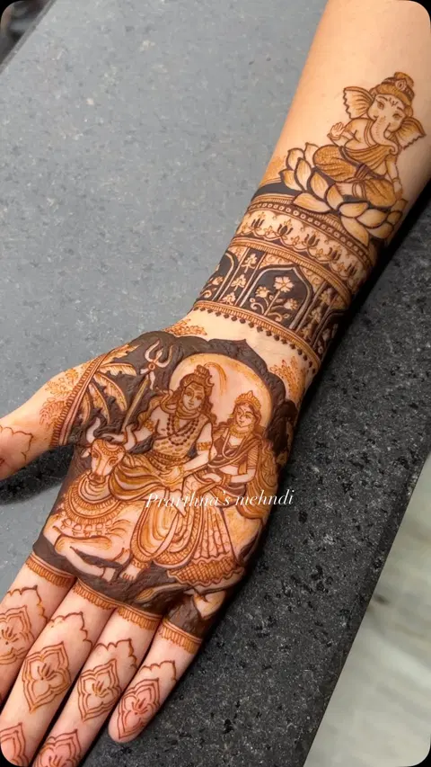 bridal indian deity back hand mehndi design