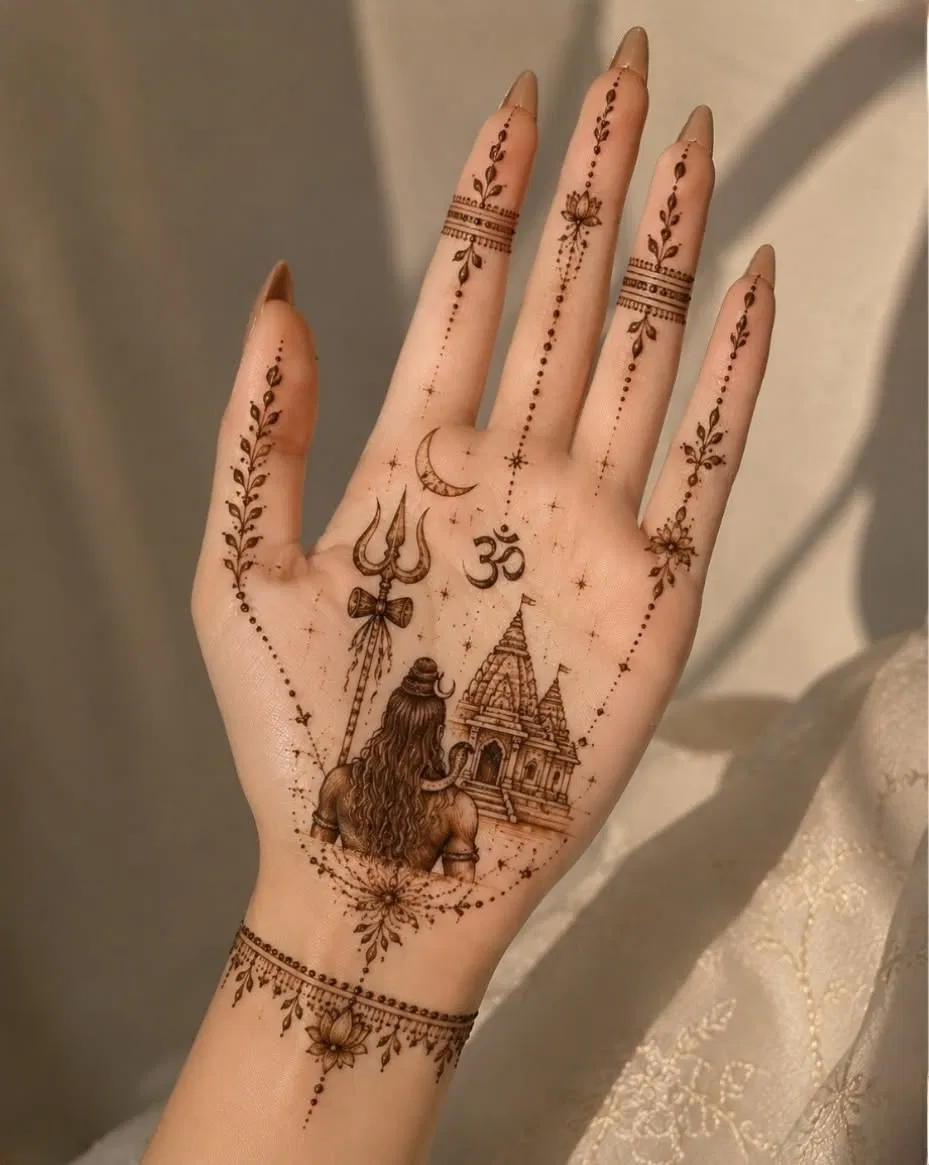 Simple Full Hand Mehndi Design with Deity and Jaal