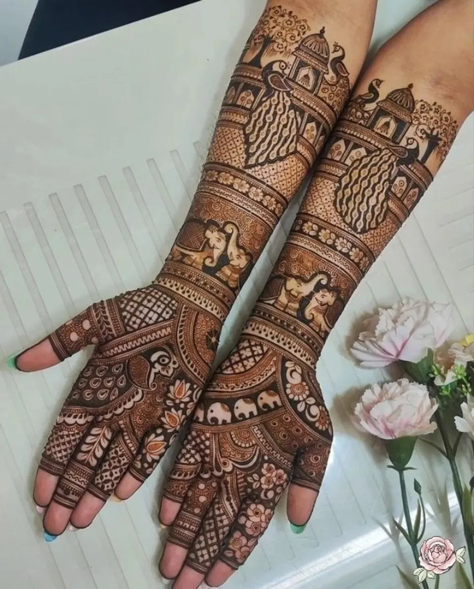 Bridal Indian Back Hand Mehndi Design with Figures and Peacock (8)