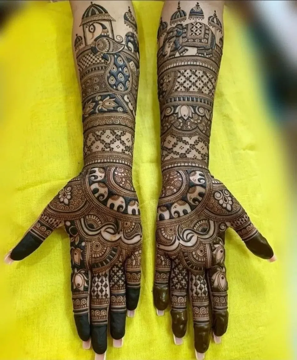 Bridal Indian Full Hand Mehndi Design with Figures and Peacock (4)