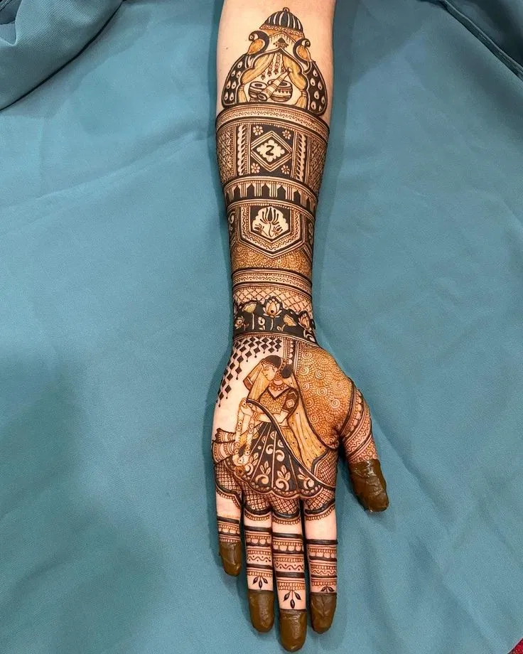 Bridal Stylish Front Hand Mehndi Design with Lotus and Peacock