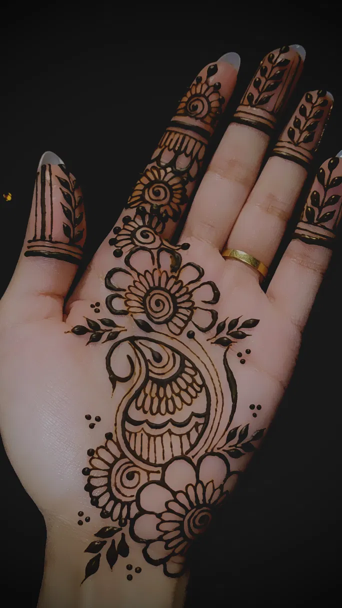 Aesthetic Arabic Front Hand Mehndi Design with Bel and Flowers for Diwali (7)