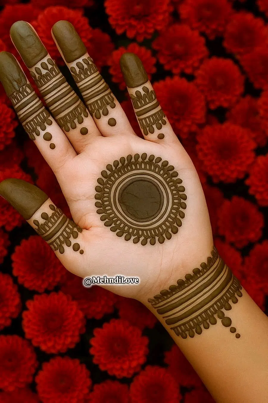 Simple Front Hand Mehndi Design with Gol Tikki and Flowers for Diwali