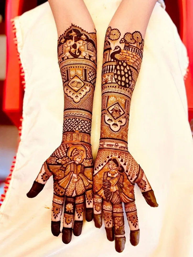 Bridal Stylish Full Hand Mehndi Design with Figures and Peacock (2)