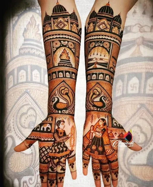 Bridal Full Hand Mehndi Design with Deity, Figures and Peacock (2)