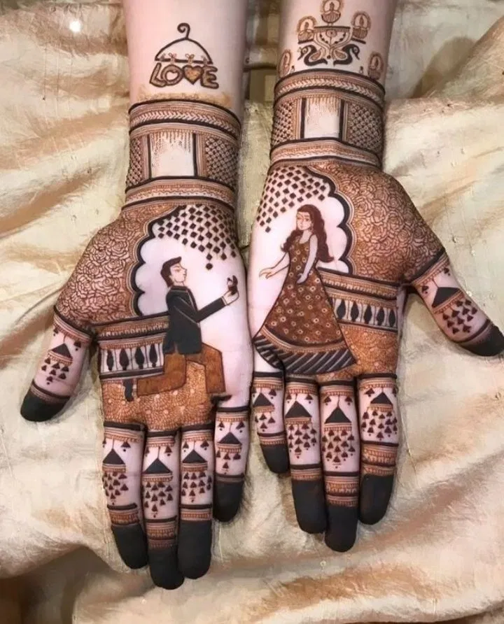 Bridal Stylish Front Hand Mehndi Design with Figures for Engagement (19)