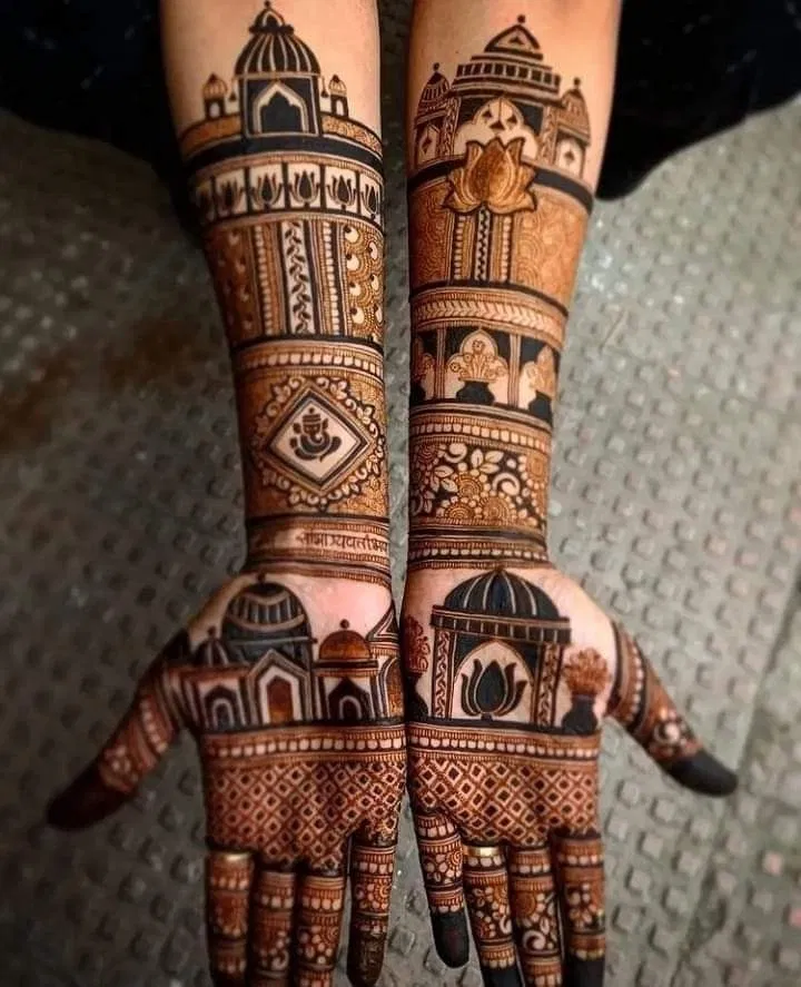 Bridal Indian Front Hand Mehndi Design with Figures and Lotus