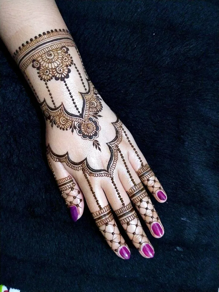Simple Stylish Back Hand Mehndi Design with Gol Tikki, Jaal and Peacock
