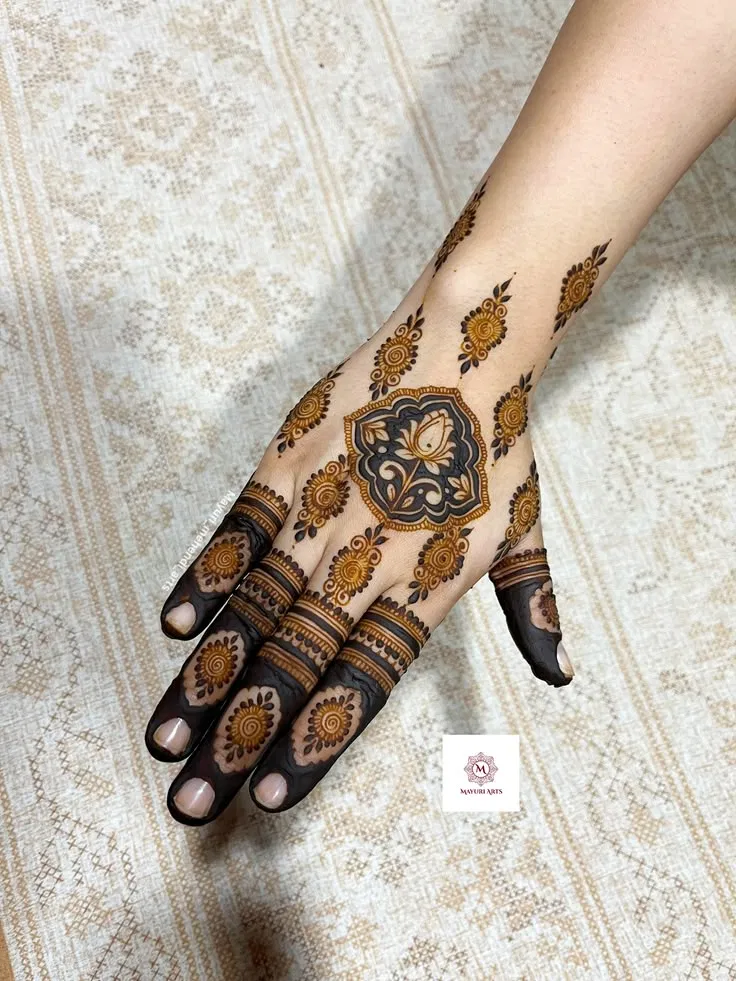 Bridal Minimal Back Hand Mehndi Design with Gol Tikki and Figures