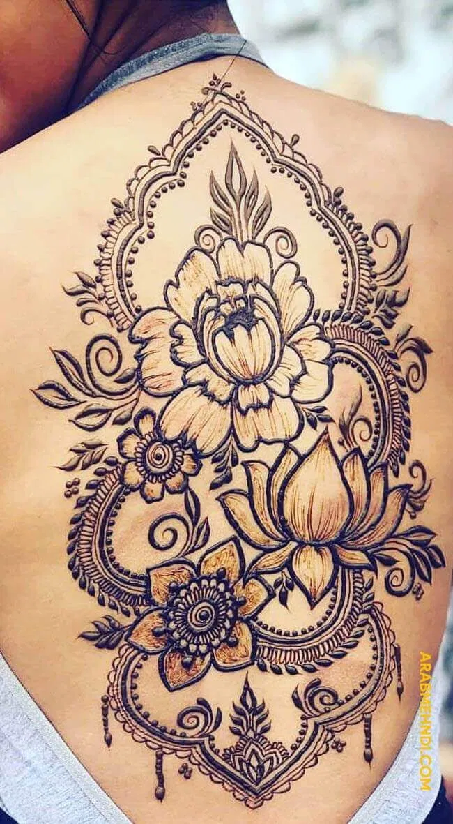 Simple Back Hand Mehndi Design with Flowers and Lotus