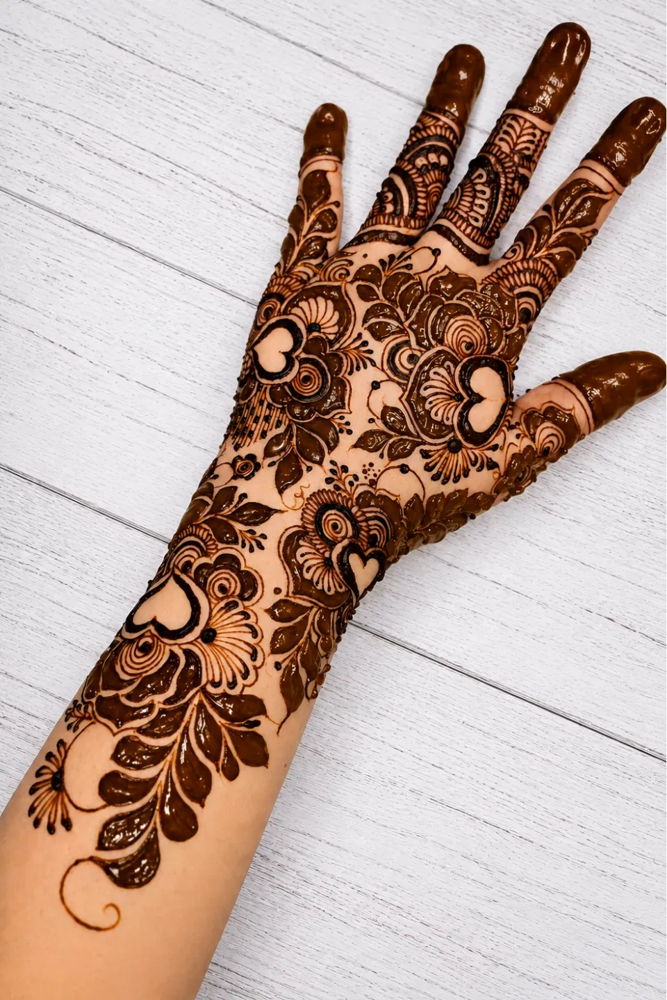 Bridal Stylish Back Hand Mehndi Design with Flowers and Hearts