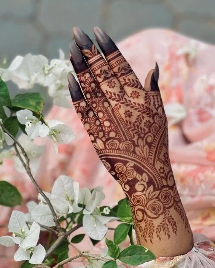 Aesthetic Indian Back Hand Mehndi Design with Gol Tikki and Flowers (2)