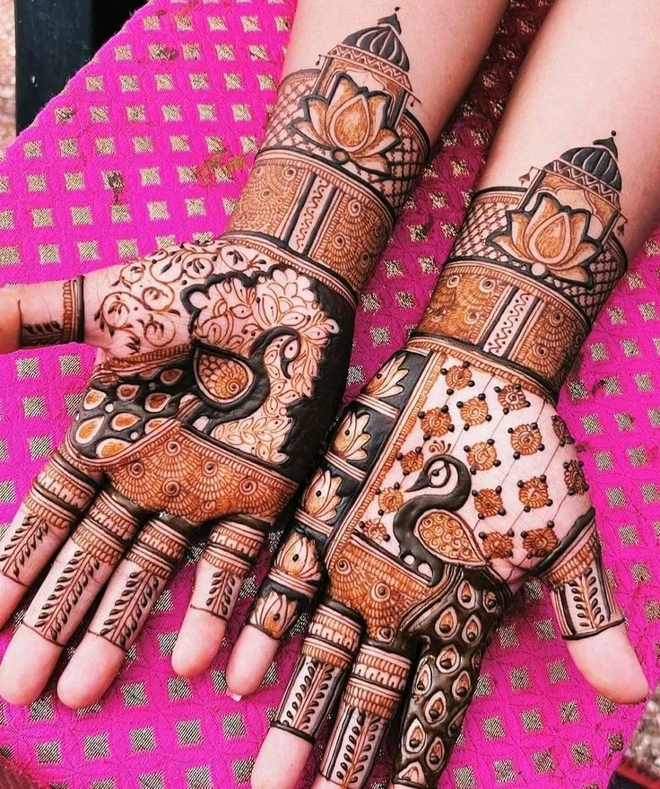 Heavy Indian Mehndi Design with Lotus and Peacock