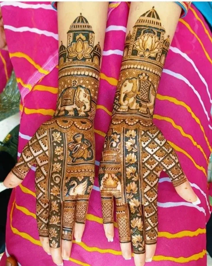 Indian Simple Full Hand Mehndi Design with Figures and Lotus