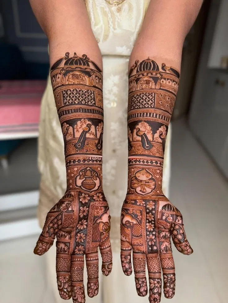 Bridal Indian Front Hand Mehndi Design with Figures and Peacock (8)