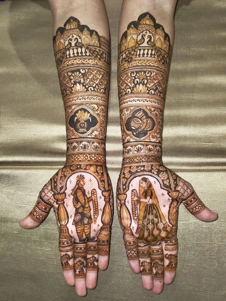 Bridal Stylish Full Hand Mehndi Design with Figures and Hearts (2)