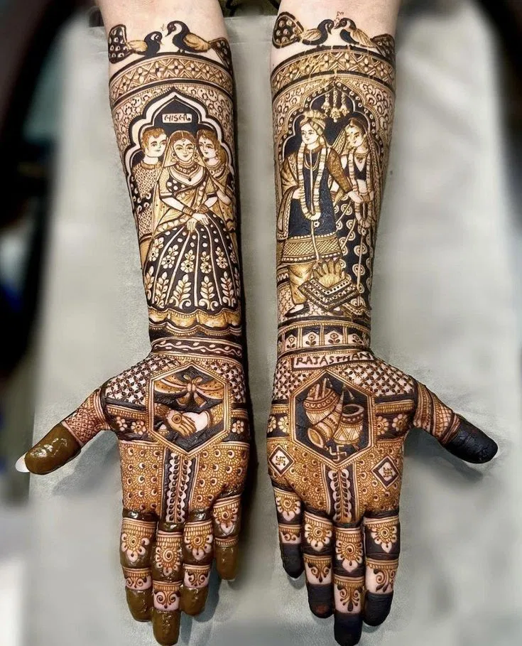 Bridal Stylish Full Hand Mehndi Design with Figures and Jaal (8)