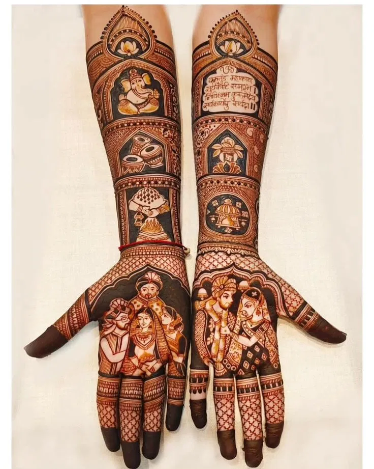 Bridal Stylish Front Hand Mehndi Design with Deity, Figures and Lotus