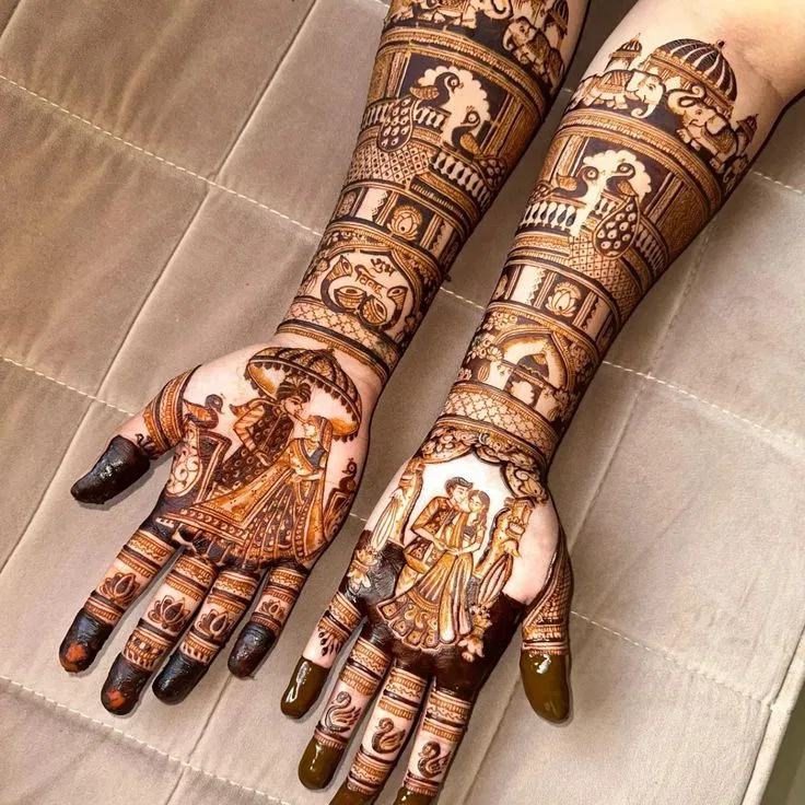Bridal Stylish Full Hand Mehndi Design with Figures and Peacock (3)