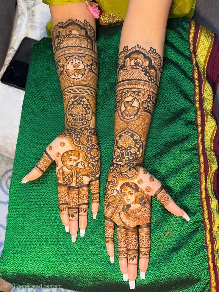 Bridal Stylish Full Hand Mehndi Design with Deity, Figures and Peacock (2)