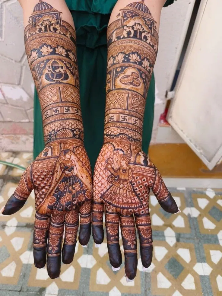 Bridal Stylish Front Hand Mehndi Design with Deity and Figures