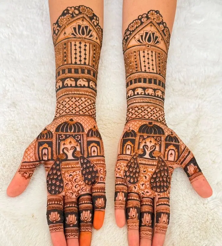 Back Hand Mehndi Design with Figures and Peacock