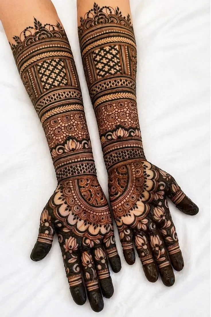 Aesthetic Bridal Front Hand Mehndi Design with Figures for Engagement