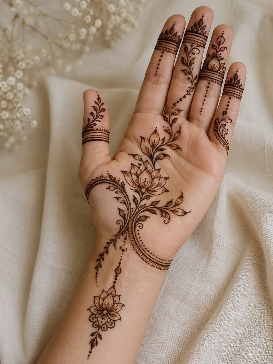 Aesthetic Arabic Front Hand Mehndi Design with Gol Tikki, Flowers and Lotus for Eid (3)