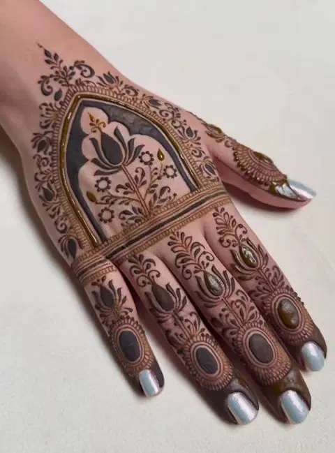 aesthetic bridal lotus back hand mehndi design