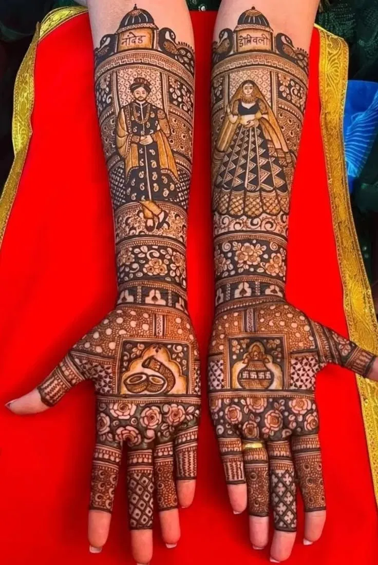 Bridal Simple Front Hand Mehndi Design with Figures and Hearts