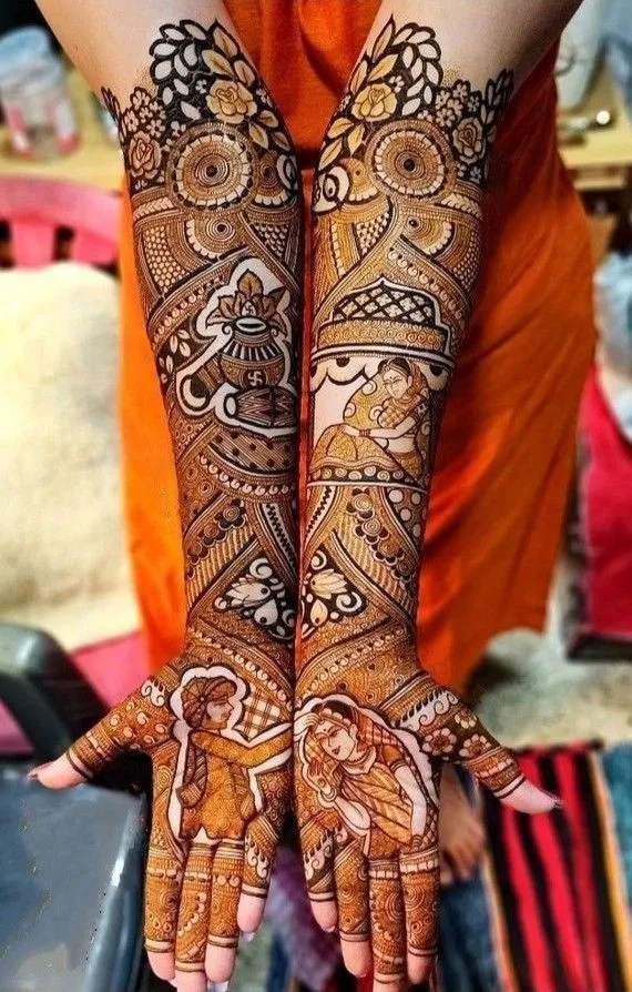 Bridal Full Hand Mehndi Design with Figures and Hearts (4)